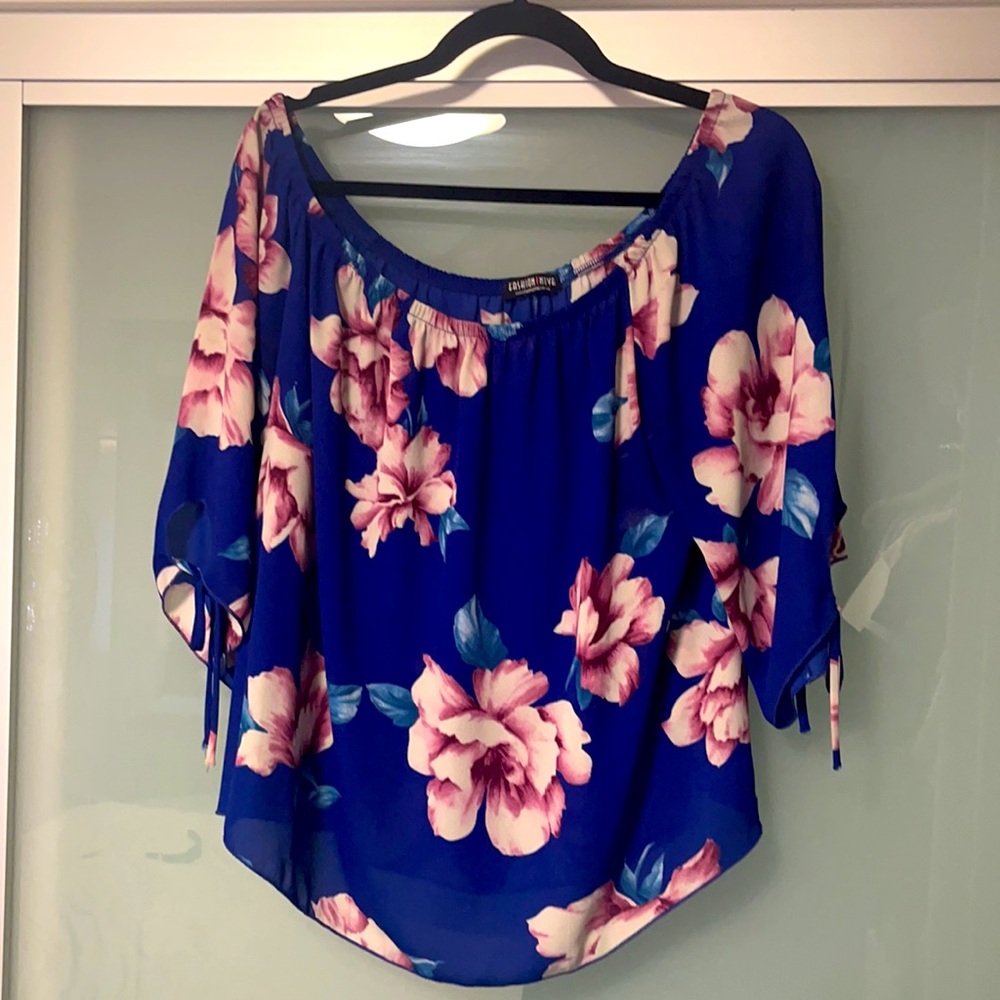 Royal Blue Floral Off the Shoulder Blouse